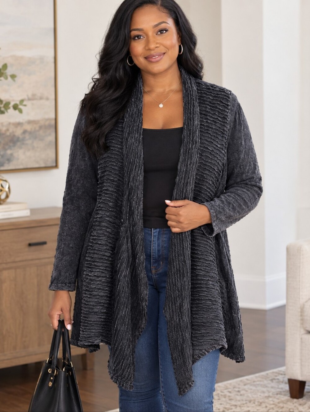 Jess & Jane Cardigan Women’s Sz 1X Black Mineral Washed Lagenlook Artsy Comfy